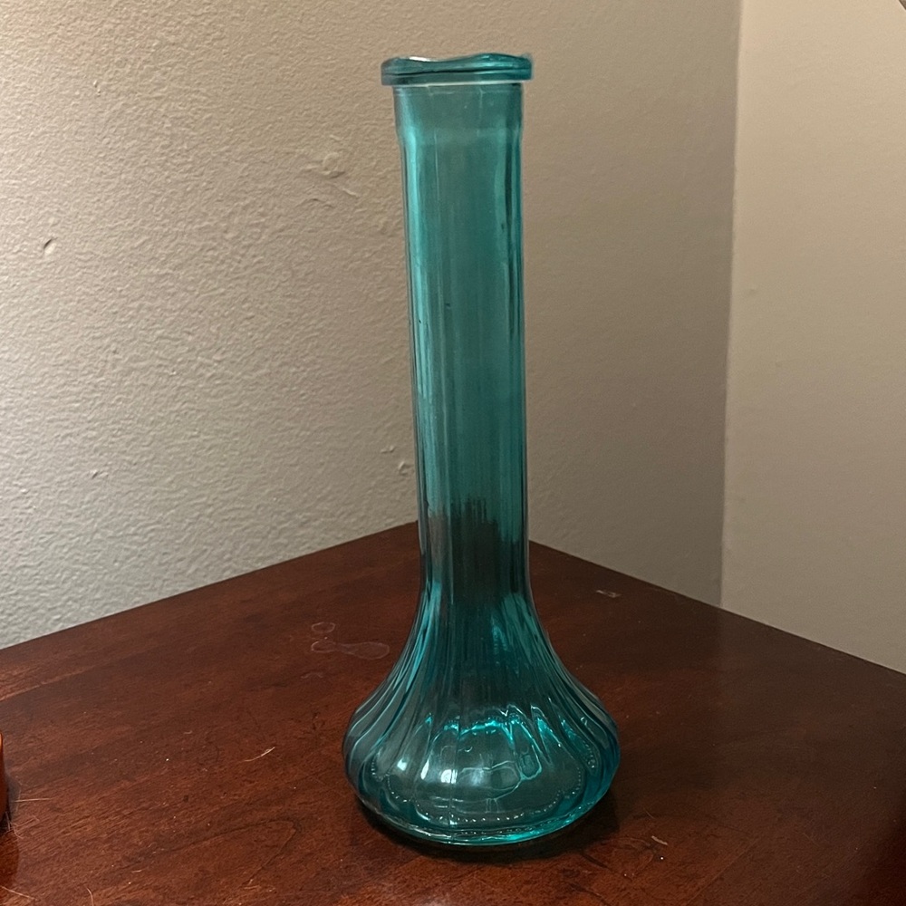 Vintage Aqua Glass Bud Vase | Art Deco Pressed Glass | Script “F” Mark